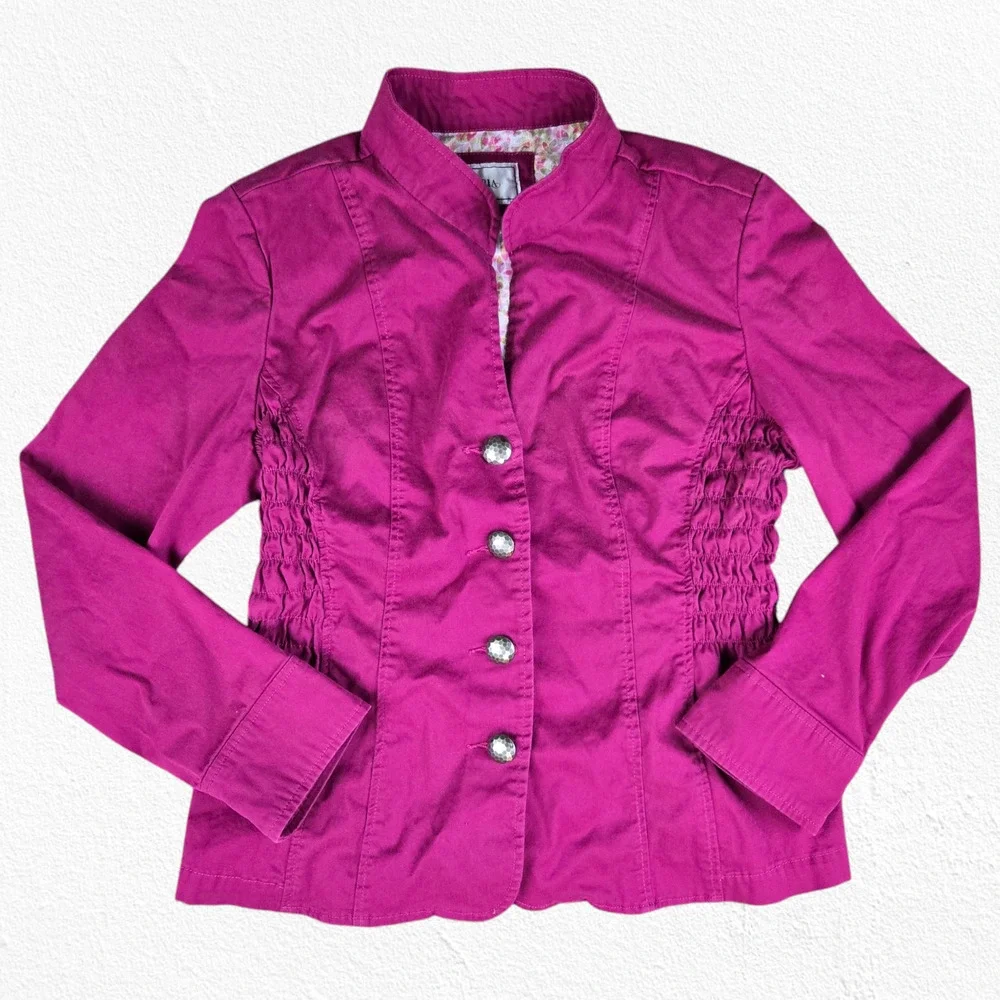 90s Vintage Magenta Pink Ruched Mandarin Collar Blazer Jacket Size Medium
